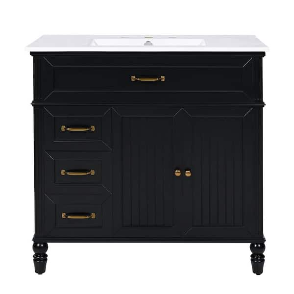 36 in. Freestanding Black Bath Vanity with White Ceramic Sink Top, Soft-Close Cabinet and Drawers, Retro Gold Hardware