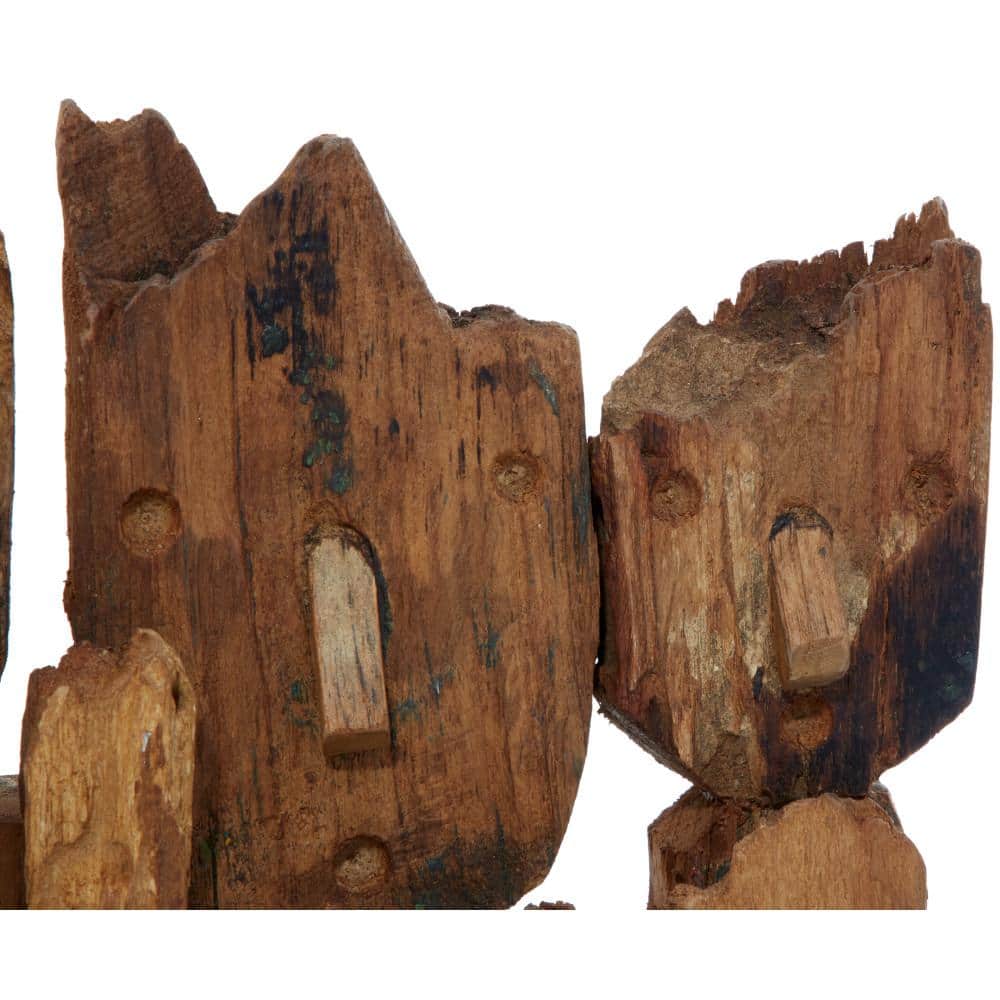 Brown Teak Wood Handmade Carved Abstract Sculpture with Faces