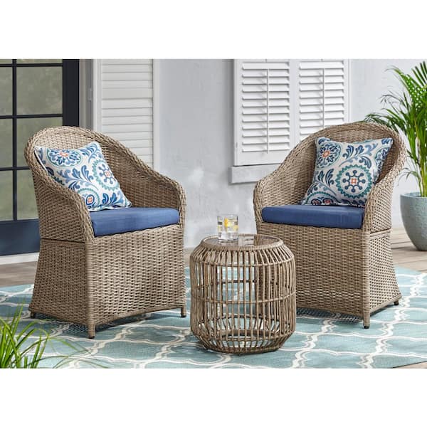StyleWell Florence 3-Piece Wicker Outdoor Patio Bistro Set with Blue Cushions