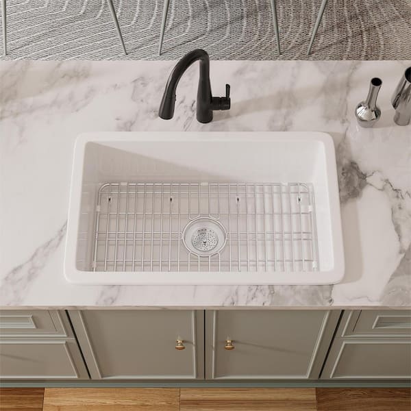 Oslo 32 in. Drop-In/Undermount Single Bowl in Crisp White Fireclay Kitchen Sink with Bottom Grid and Basket Strainer