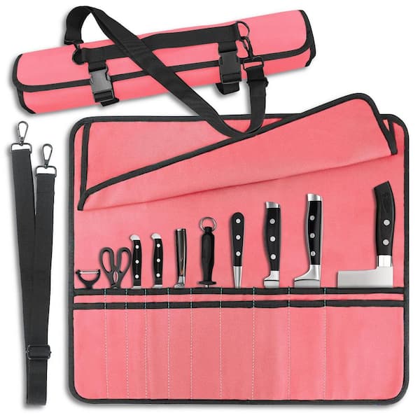 Pink Chef Knife Bag With 20 Slots Cutlery Knives Holders Protectors, Home Kitchen Travel Cooking Tools, Camping Working