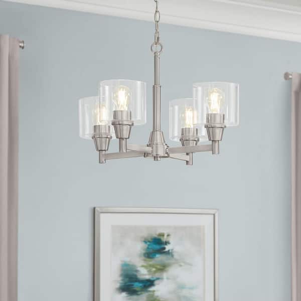 Oron 4-Light Brushed Nickel Reversible Chandelier with Clear Glass Shades, Dining Room Chandelier