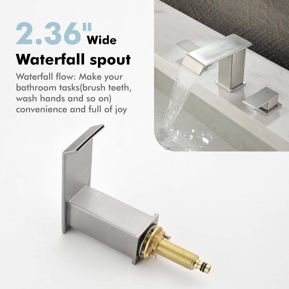 Brushed Nickel 8-Inch Widespread Waterfall Bathroom Faucet