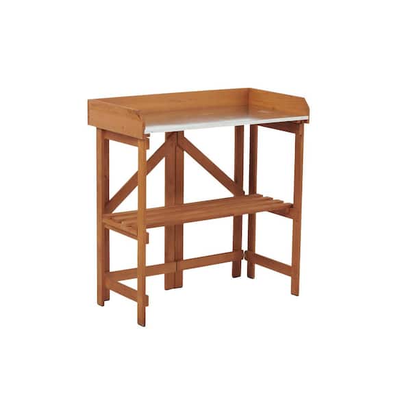 Unbranded 33.5 in. W x 35 in. H Reddish Brown Foldable Potting Bench Outdoor Solid Wood Garden WorkBench Station with Shelves