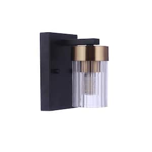 Bond Street 1-Light Flat Black/Satin Brass Finish Wall Sconce with Clear Ribbed Glass Shade