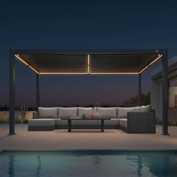 10.2 ft. x 14.2 ft. Gray Aluminum Outdoor Louvered Pergola with 2-Individual Adjustable Sunshade Roofs and LED Lights