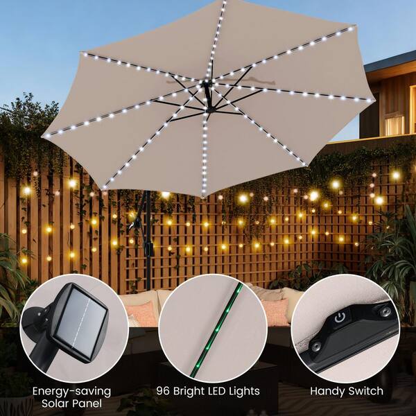 LIVIZA 10 ft. Steel Cantilever Offset Solar Hanging Patio Umbrella with Cross Base and 96-LED Multi-color Lighting in Beige