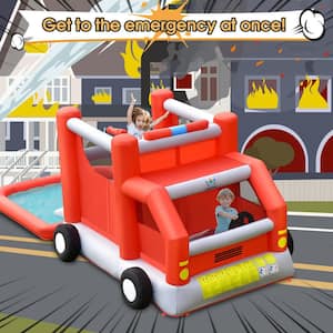 Fire Truck Themed Inflatable Castle Water Park Kids Bounce House with 480-Watt Blower