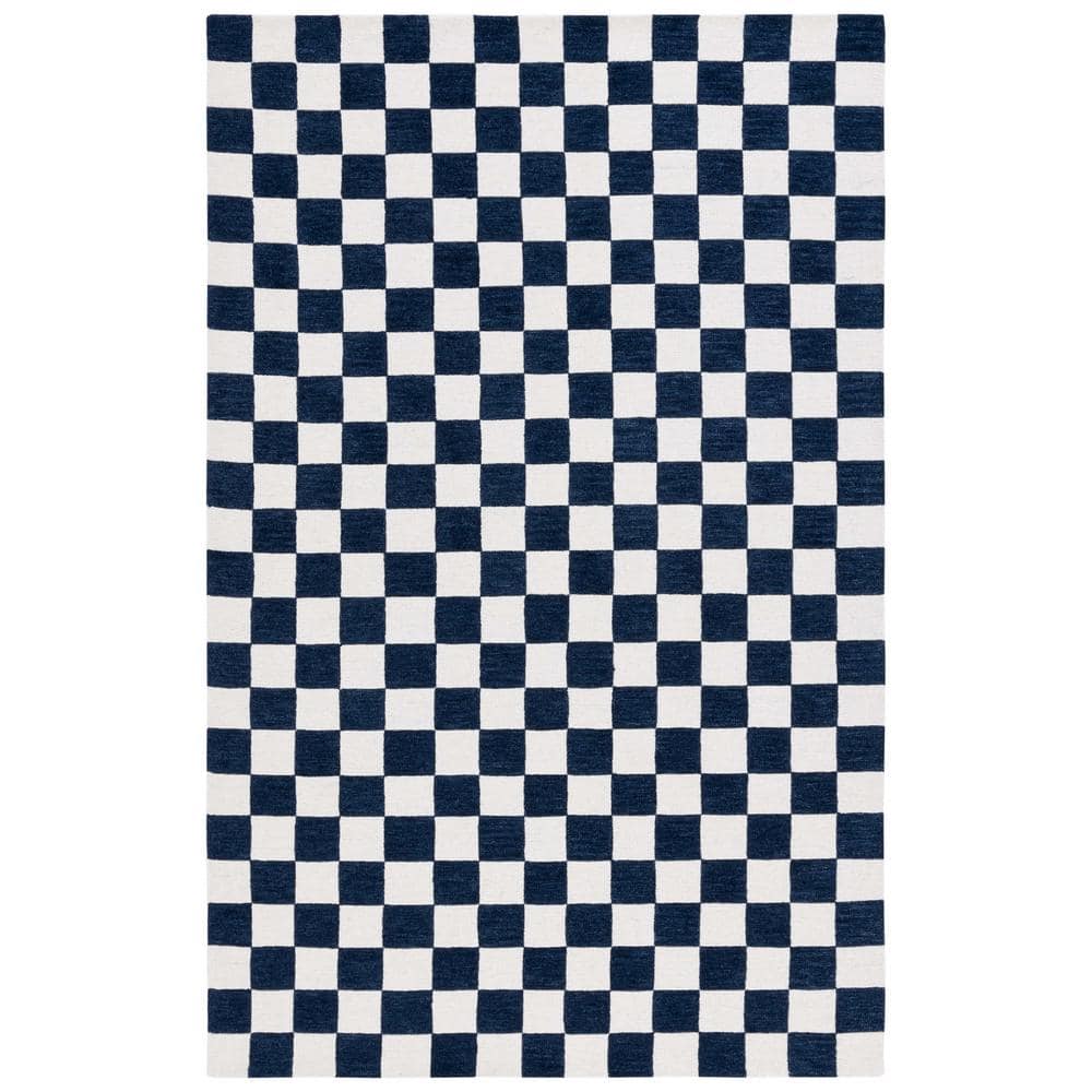 Navy and Ivory Checkered Handmade Wool Area Rug, 3' x 5'