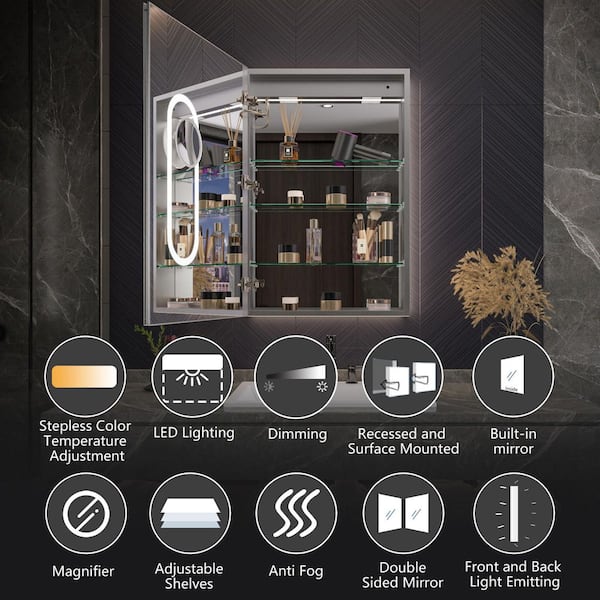 24 in. W x 36 in. H Rectangular Silver Aluminum Left-Hinged LED Medicine Cabinet with Mirror, Defogger & USB