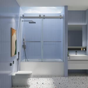 56 in. to 60 in. W x 65 in. H Double Sliding Frameless So Ft-Close Tub Door in Chrome with Clear Tempered Glass