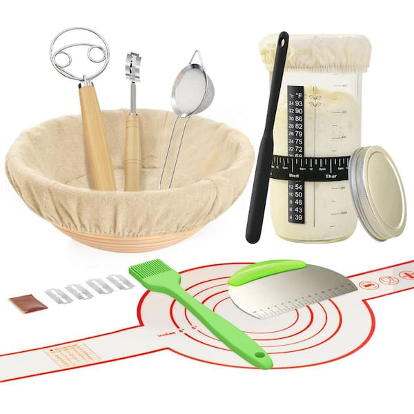 Sourdough Starter Kit with 9 in. Rattan Basket, 650ml Glass Jar, Dough Whisk, Scoring Lame, Silicone Sling Bread Tools
