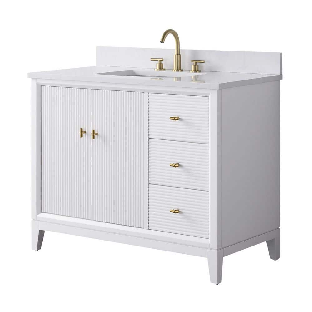 42" White Freestanding Bathroom Vanity with Engineered Marble Top