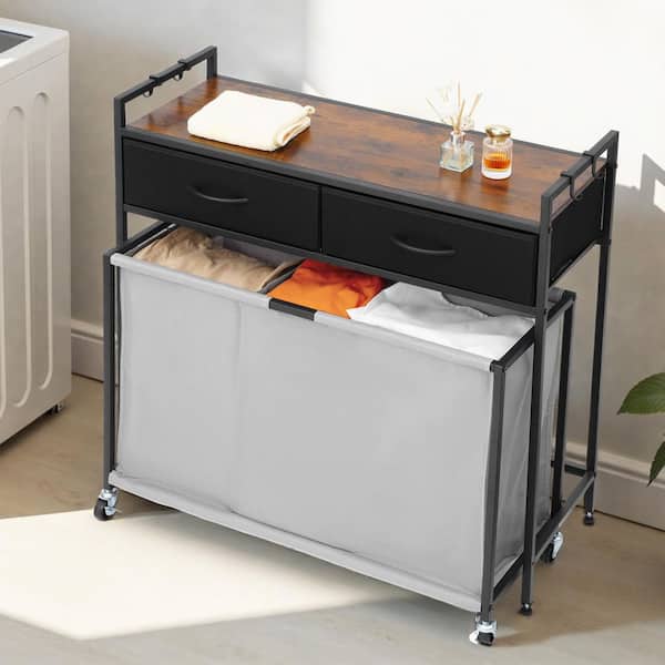 Rolling Laundry Hamper, 3-Section Sorter with 2-Drawers, Hooks & Wheels, Black Wooden Top Kitchen Cart for Dirty Clothes