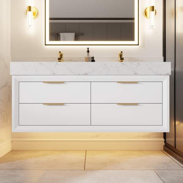 ExBrite Solidoak 48 in. W x 20.9 in. D x 21.3 in. H Double Sink Bath Vanity in White with White Cultured Marble Top