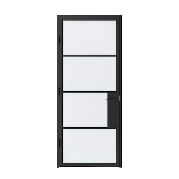 36 in. x 84 in. Left-Handed 4 Lite Frosted Glass Matte Black Steel Single Prehung Interior Door with Turn Lock