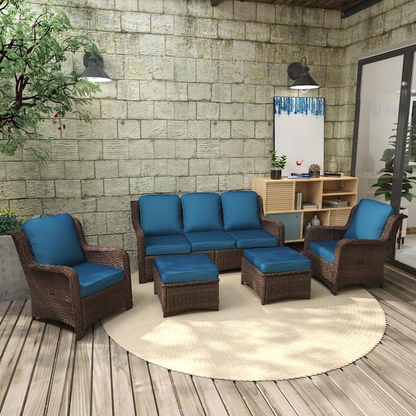 Oyezvary 5-Piece Wicker Patio Conversation Set, 3-Seat Outdoor Couch, 2 Single Chair and 2 Ottoman with Peacock Blue Cushions