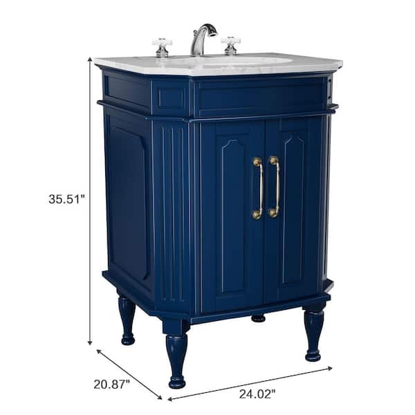 24 in. Navy Wood Single Sink Freestanding Bathroom Vanity with White Marble Top (Assembled)