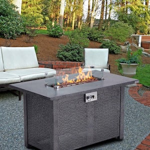 50,000 BTU 42 in. Gray Rectangular Steel Outdoor Fire Pit Table with Glass Wind Guard, Lava Stones