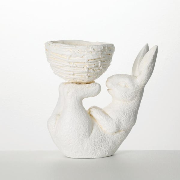 SULLIVANS 12.5 in. L x 8.5 in. W x 13.5 in. H, 3.7 qts. White Indoor Stone Rabbit Pot