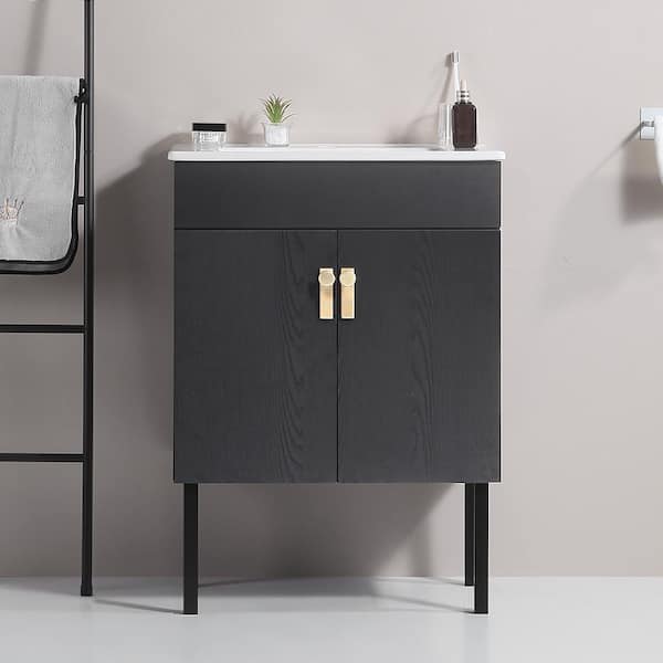 Xspracer Victoria 24 in. W x 18 in. D x 23 in. H Freestanding Single Sink Bath Vanity in Black with Solid Wood and Ceramic Top