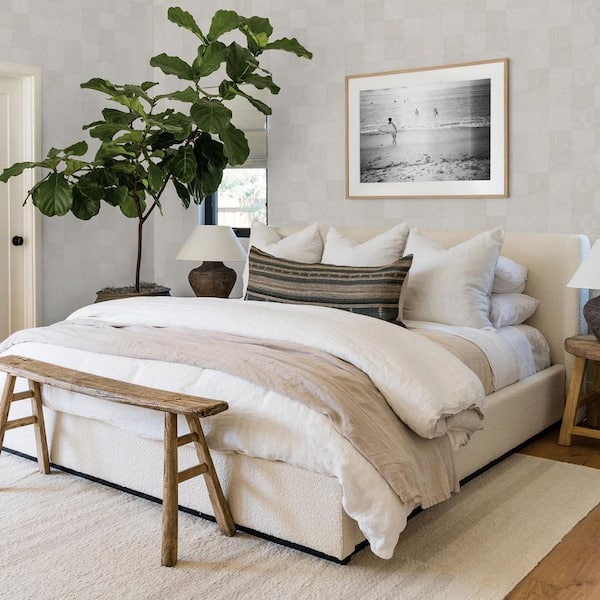 Pure Salt Bone Textured Check Textured Vinyl Peel and Stick Wallpaper Roll (56.38 sq. ft.)