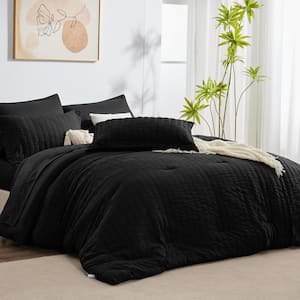 Twin Seersucker 7-Piece Cotton Blend Comforter Set Black