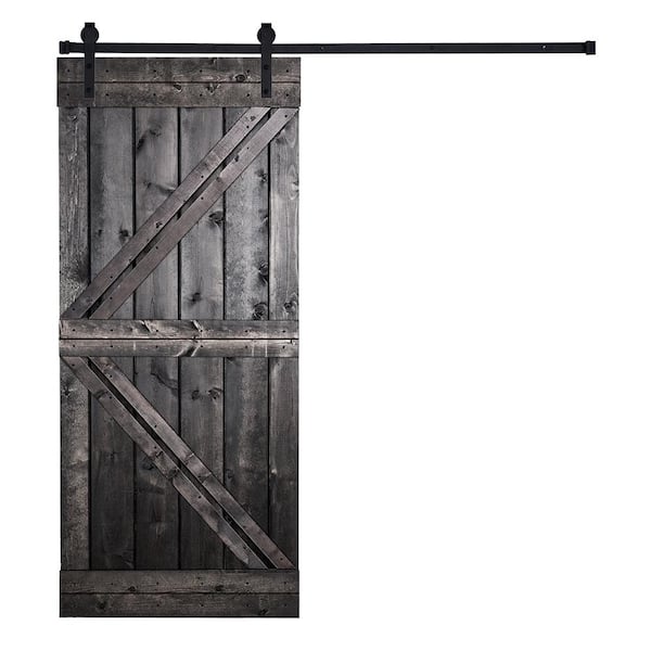 AIOPOP HOME Modern K-Bar Series 30 in. x 84 in. Charcoal black stained Knotty Pine Wood DIY Sliding Barn Door with Hardware Kit