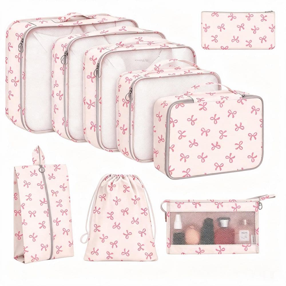 8-Set Packing Cubes for Suitcases, Travel Essentials Organization with Shoe and Cosmetics Bags, Clothing Storage, Pink