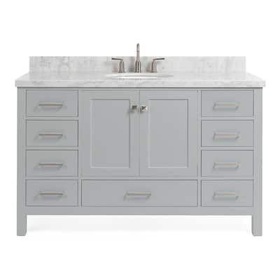 Cambridge 55 in. Bath Vanity in Grey with Marble Vanity Top in Carrara White with White Basin