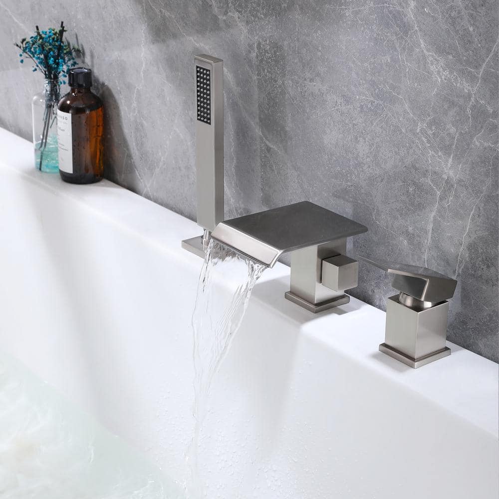 Brushed Nickel Waterfall Roman Tub Faucet with Handheld Shower