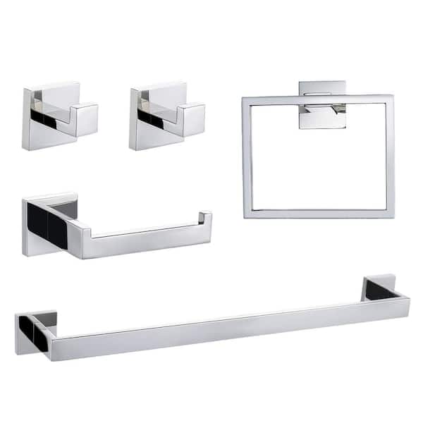 5-Piece Bathroom Hardware Set with Towel Bar, Towel Ring, Robe Hook, Toilet Paper Holder in Chrome