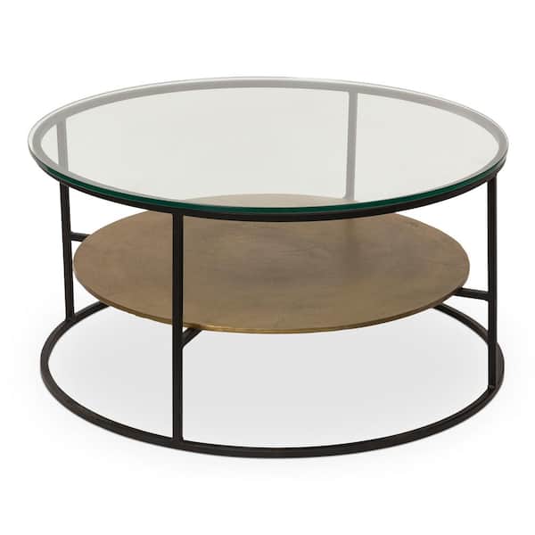 NADAAL STUDIOS Soren 35.5 in. Round Tempered Glass Coffee Table with Antique Brass Aluminum Shelf
