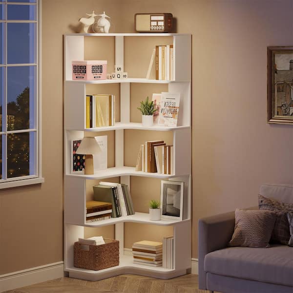 BYBLIGHT 65 in. Tall White Engineered Wood 6-Shelf Corner Bookcase