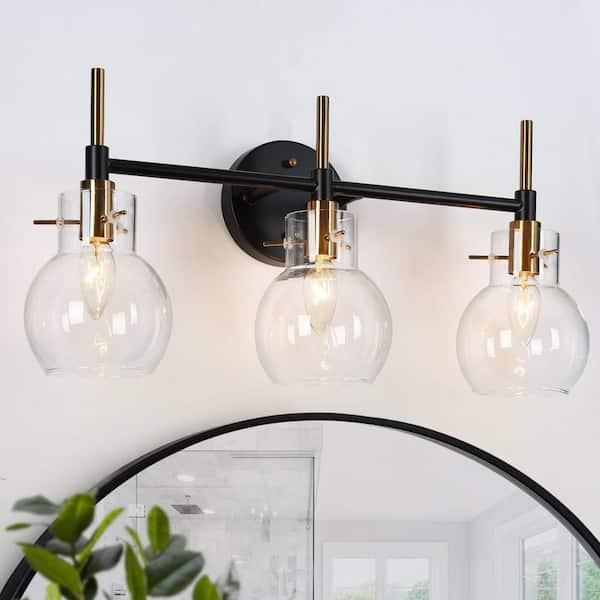 Zevni Modern Black DIY Wall Sconce Lighting, 21.5 in. 3-Light Brass Vanity Light for Bathroom, Globe Clear Glass Bath Light