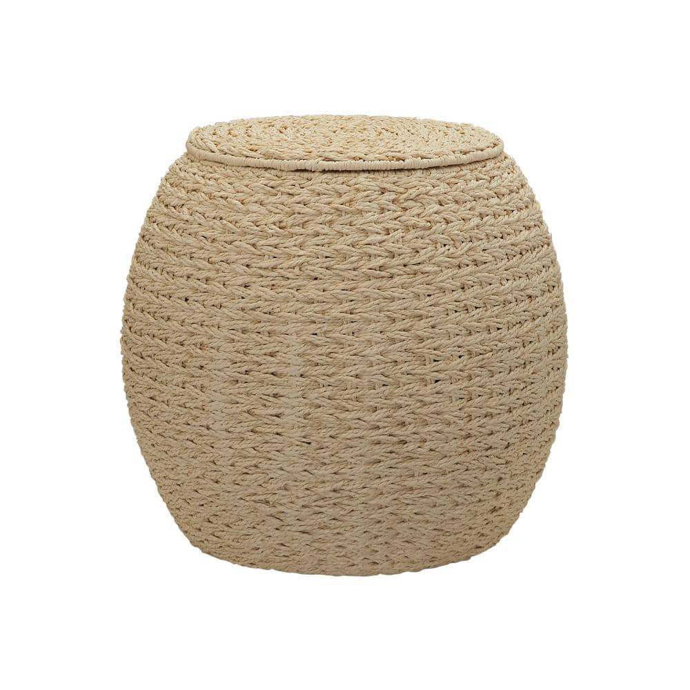 Rustic Cream Handwoven Paper Rope Barrel Side Table & Storage