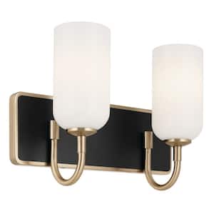 Solia 14.25 in. 2-Light Champagne Bronze with Black Modern Bathroom Vanity Light with Opal Glass Shades