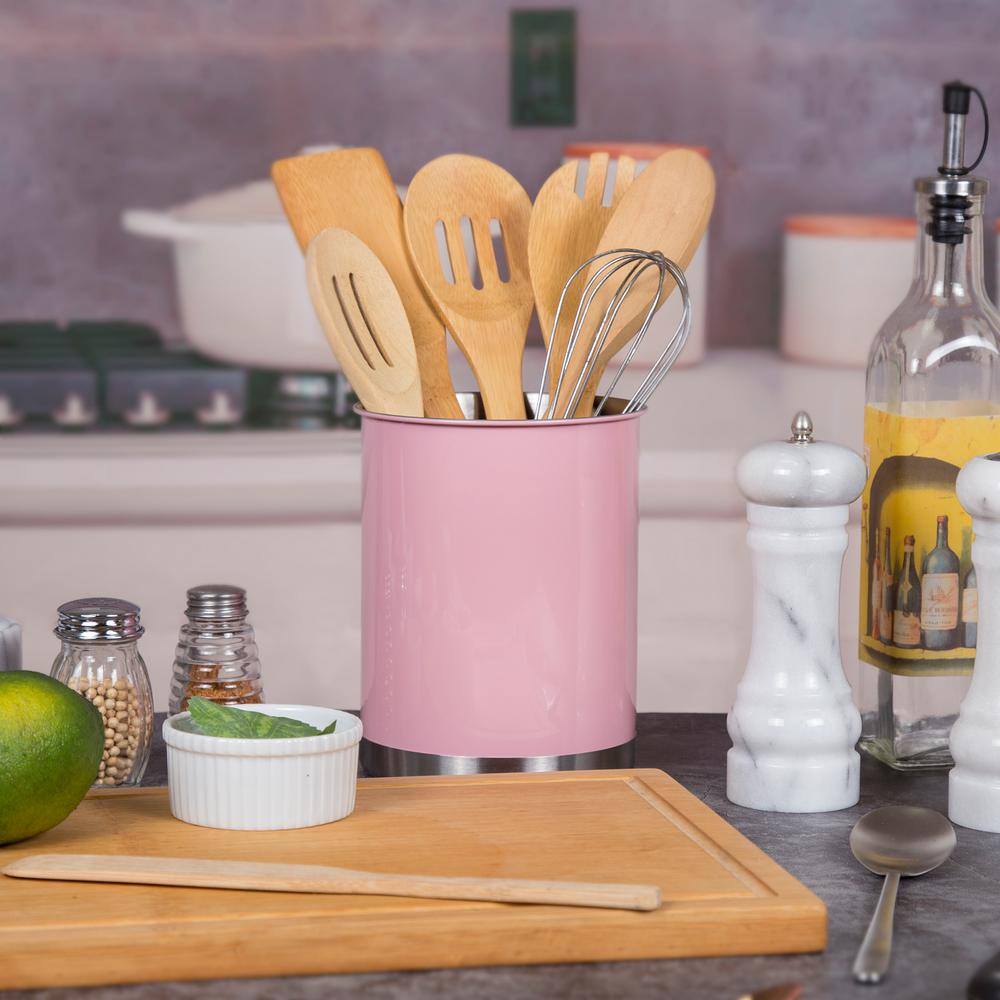 Pink Stainless Steel Cylinder Utensil Holder with Weighted Base