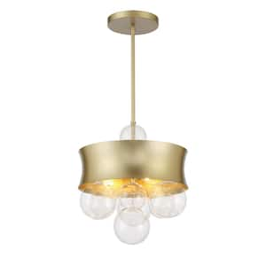 Verdi Square 60-Watt 3-Light Soft Gold Drum Pendant Light to Semi Flush with Clear Glass Orbs and No Bulbs Included