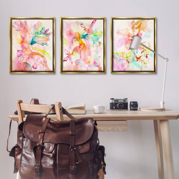 Abstract Florals and Paint Drip by Gemma Bardot 3 Piece Gold Floater Frame Abstract Graphic Art Print 31 in. x 25 in.