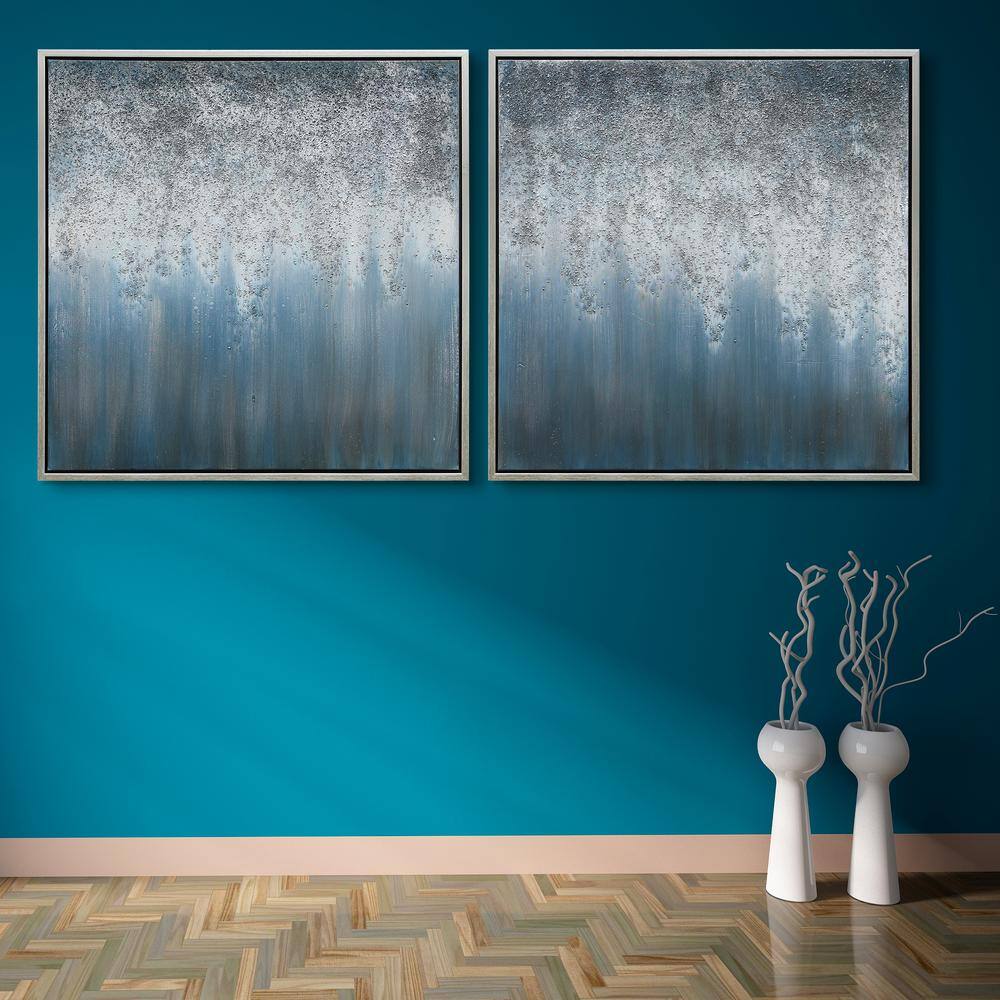 Large Blue and Silver Abstract Canvas Painting with Metallic Accents
