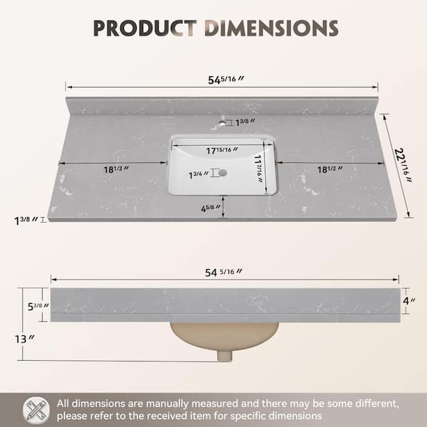 Gca 54 in. W x 22 in. D Cultured Marble White Rectangular Single Sink Bath Vanity Top with Backsplash Countertop in Gray