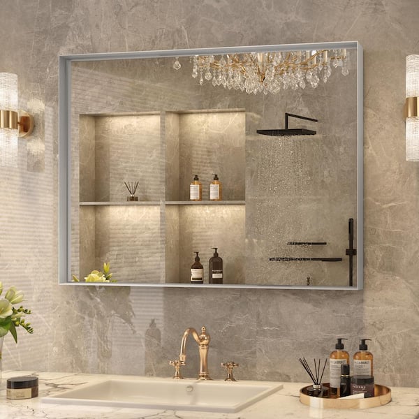 FAMYYT 36 in. W x 24 in. H Rectangular Aluminum Framed Beveled Edge Horizontal/Vertical Wall Bathroom Vanity Mirror in Silver