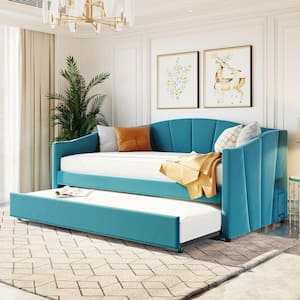 Elegant Blue Twin Size Upholstered Wood Daybed with Trundle