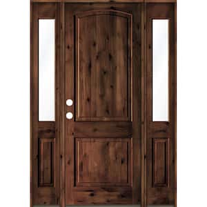 58 in. x 96 in. Rustic Knotty Alder Arch Top Red Mahogany Stained Wood Right Hand Single Prehung Front Door