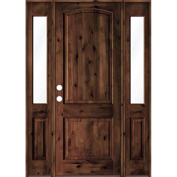 Krosswood Doors 64 in. x 96 in. Rustic Knotty Alder Arch Top Red Mahogany Stained Wood Right Hand Single Prehung Front Door