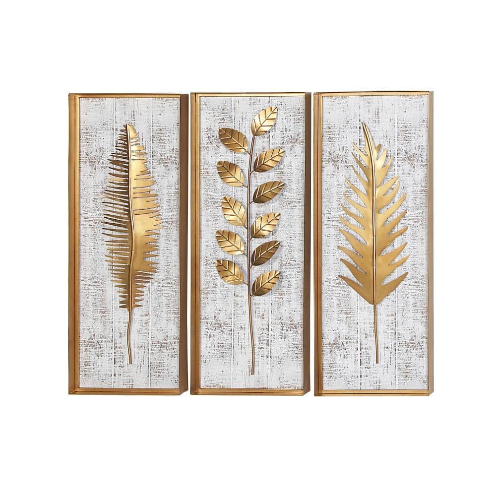 Gold and White Rectangular 3D Leaf Wall Sculpture Set