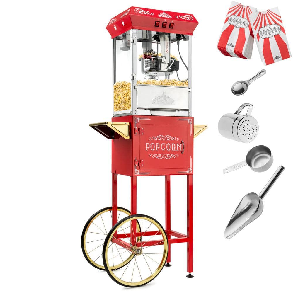 Vintage Red Popcorn Machine with Cart and 8-Ounce Kettle