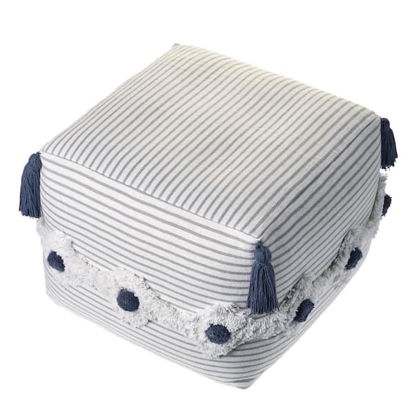 LR Home Striped Gray Ivory Tufted Pouf