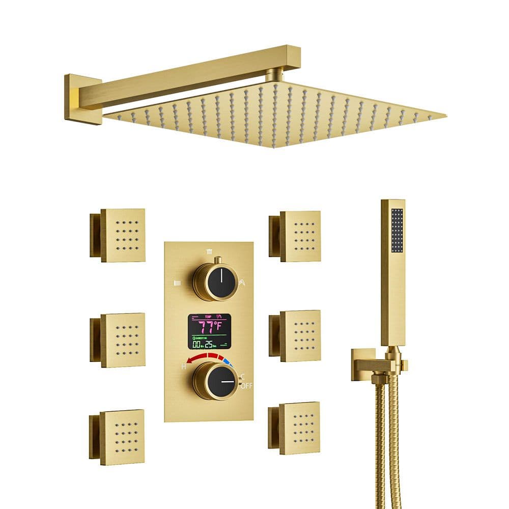LCD Display 2 Handle 3-Spray Wall Mount 12 in Dual Fixed and Handheld Shower Head 2.5 GPM in. Brushed Gold price history on PriceWatchPro